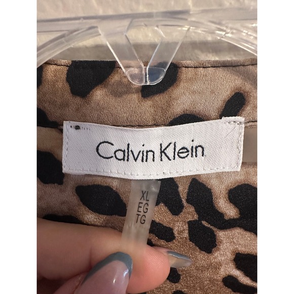 Calvin Klein Leopard Print Blouse Roll Tab Sleeve Top Shirt XL - Picture 2 of 4